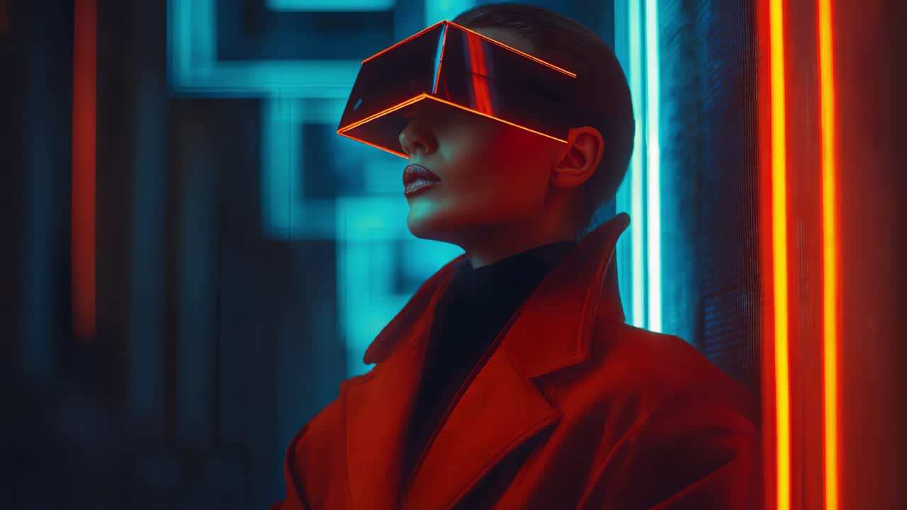 Futuristic Portrait: A Stylish Individual in a Vibrant Setting with Neon Lights and Unique Visor Technology, Captured in a Captivating Blend of Colors and Shadows