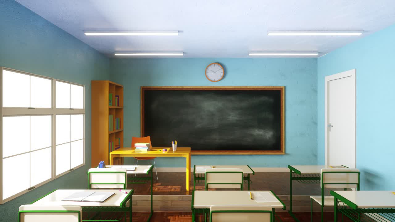 Video Animation. Blank blackboard in an empty school classroom. Zoom in.