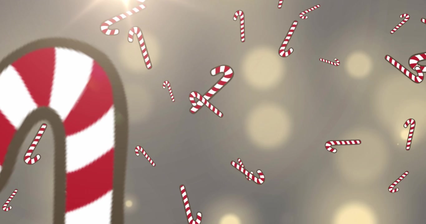 Animation of snow and christmas candy canes falling over spot lights in background