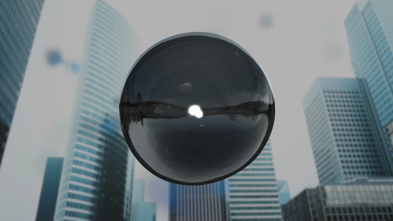 A mysterious black orb hovers above a futuristic city skyline with no people