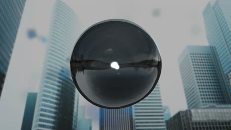 a mysterious black orb hovers above a futuristic city skyline with no people