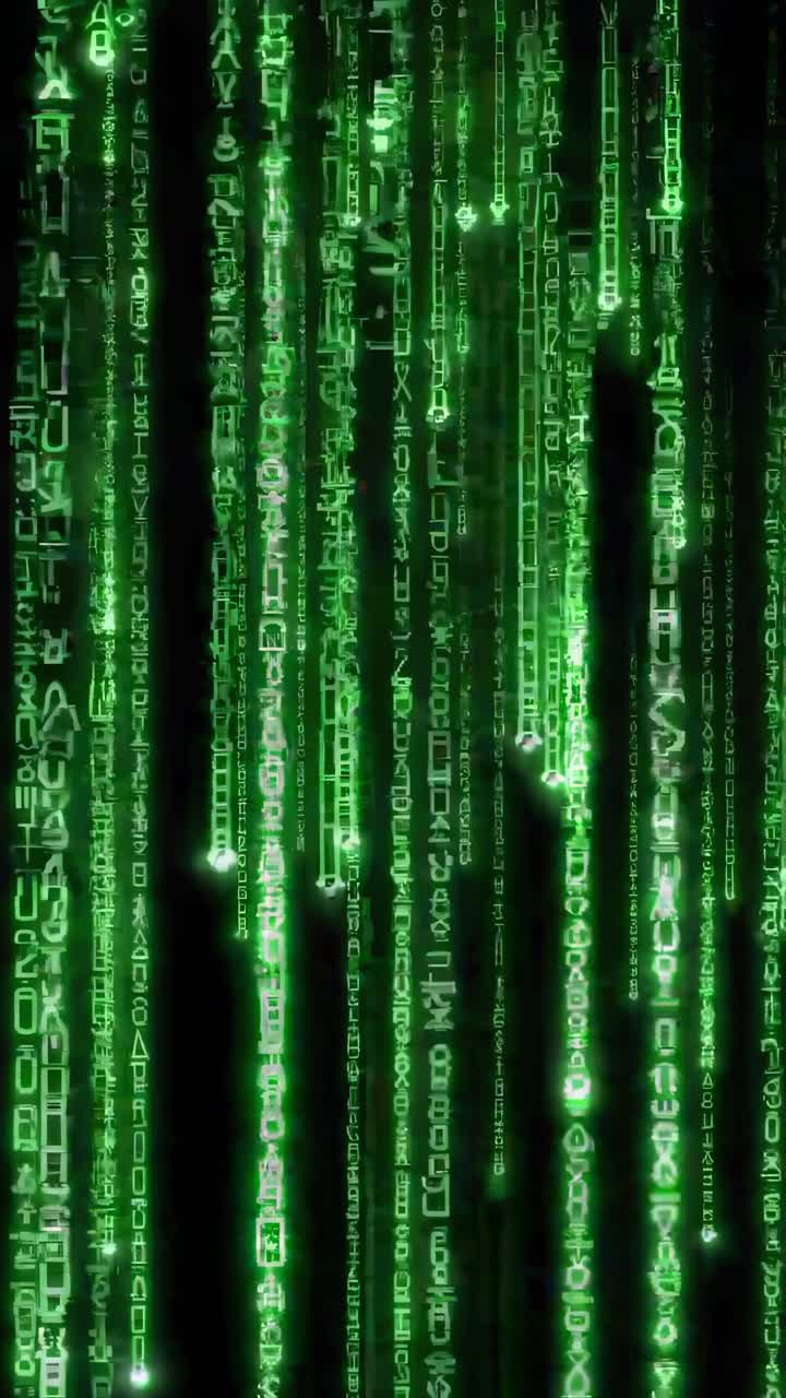 A video-inspired digital rain effect with glowing green code from a top-down angle