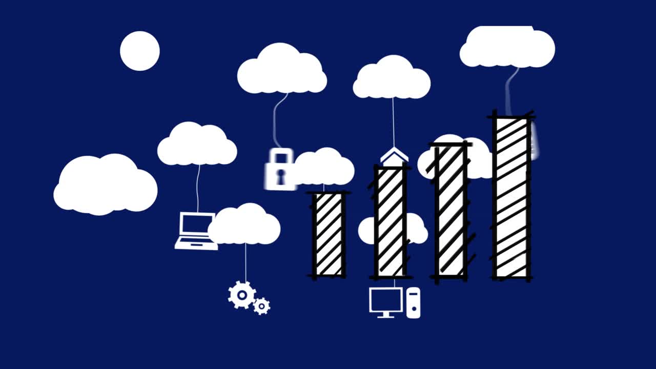 Animation of bar graph and digital icons tied to cloud icons on blue background