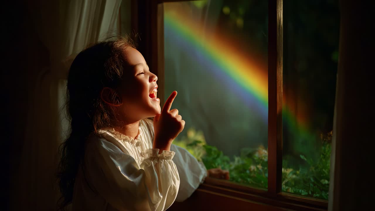 A Joyful Child Gazing at a Beautiful Rainbow Outside the Window, Experiencing the Wonders of Nature with Delight and Wonder in Her Heart, Capturing a Moment of Pure Innocence and Happiness