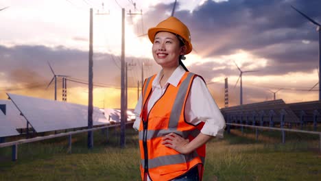 Side View Of Asian Female Engineer Wearing Safety Helmet Looking Around While Standing With Arms Akimbo With Solar Panel and Wind Turbines