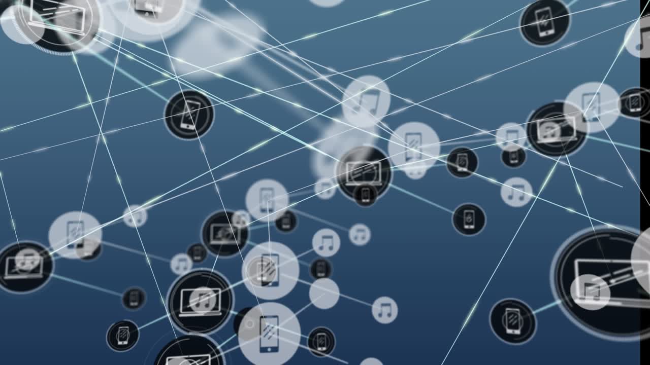Animazione di una rete di icone digitali su sfondo blu.