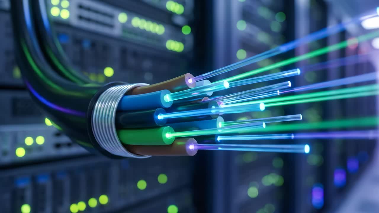 Fiber Optic Cable with Glowing Data Beams in Data Center