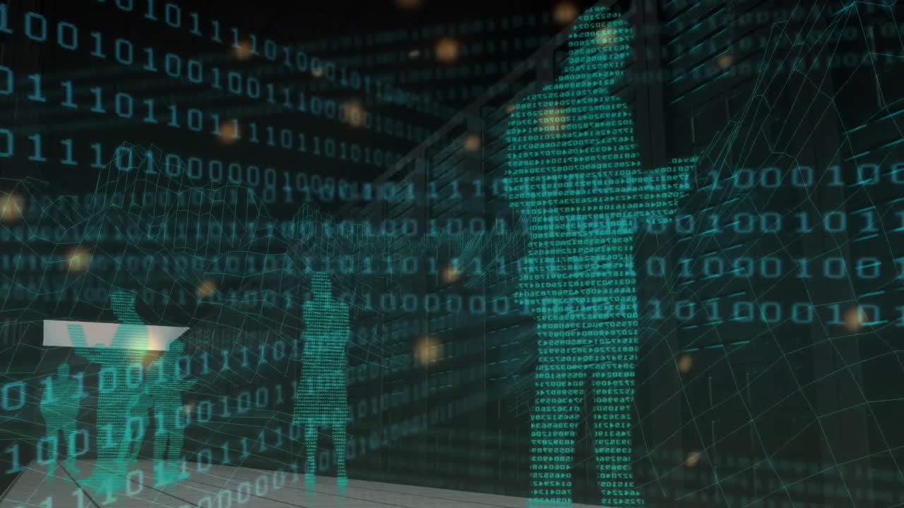 Animation of data processing with people silhouettes and light spots on black background