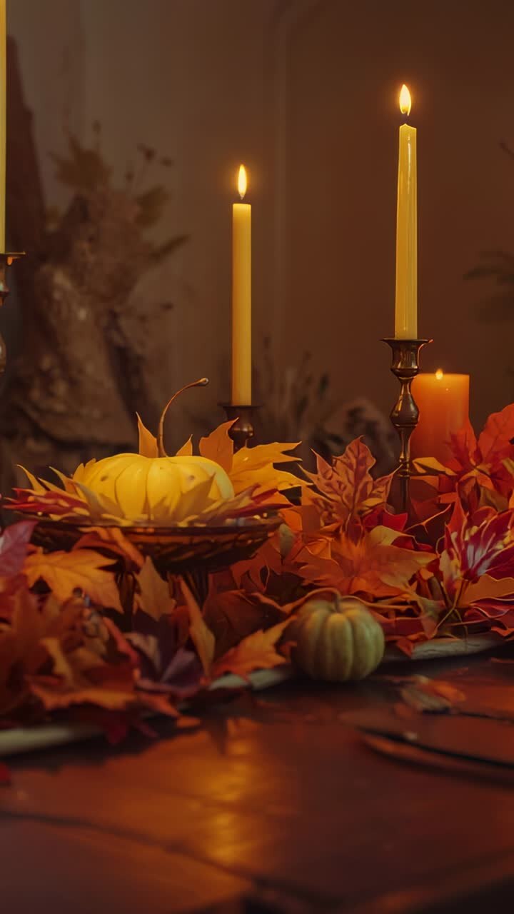 Vertical video: Camera tilting up over centerpiece on dining table showing brass taper candles