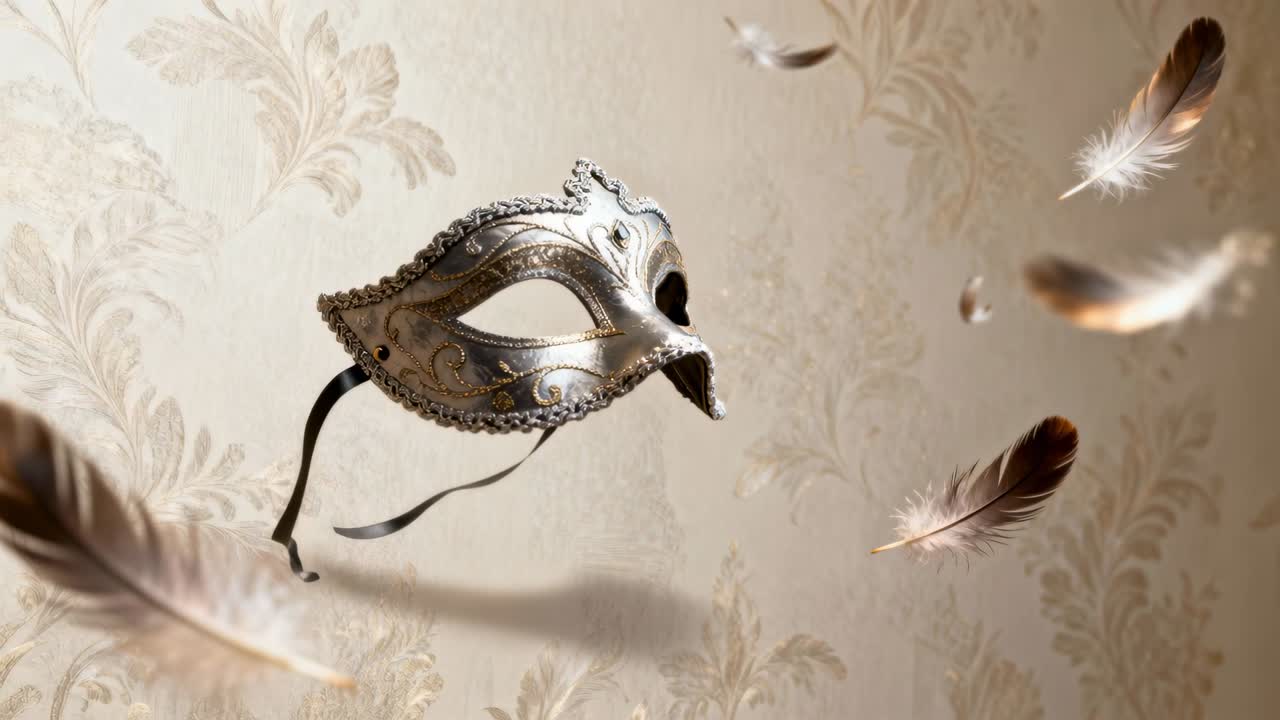 Maschera veneziana d'argento fluttuante che si muove su carta da parati damascata, una leggera brezza muove nastri e piume
