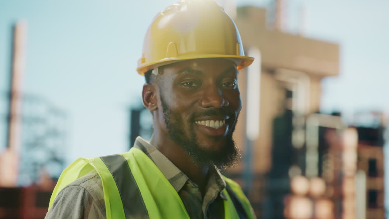 Smiling African American Construction Worker in Hard Hat and Safety Vest