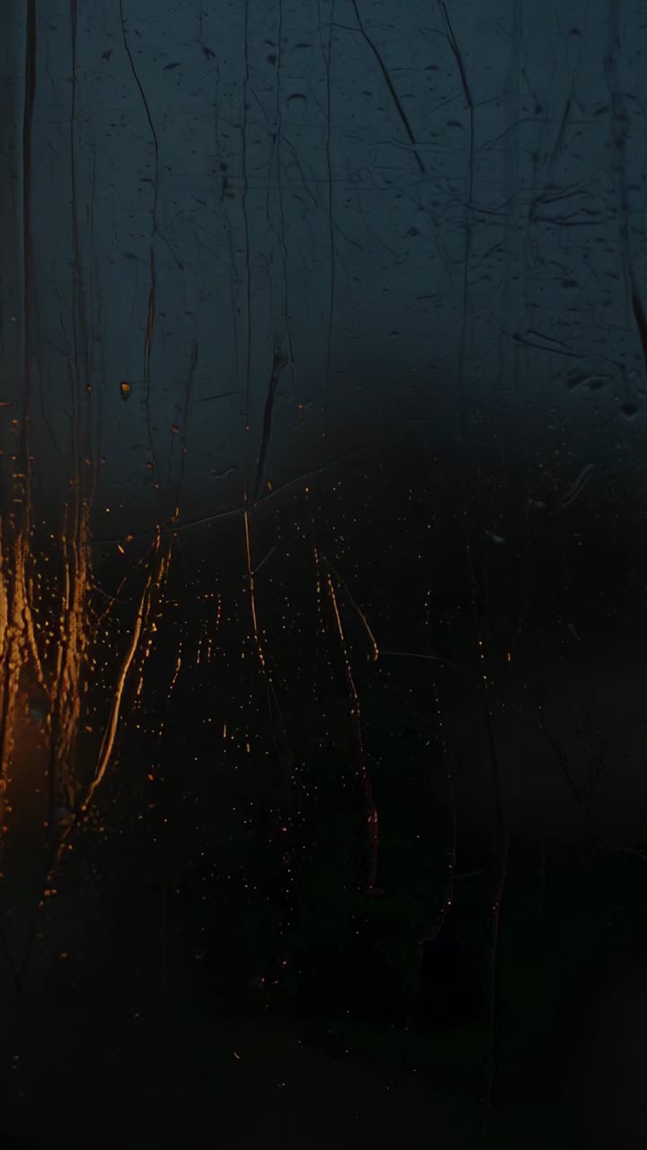 Wet window showing rain droplets joining and sliding down, orange light brightening for film