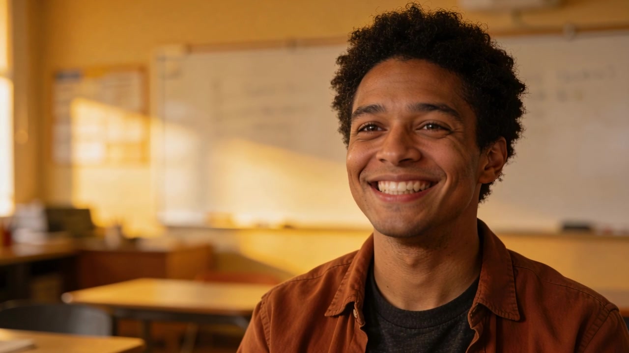 Smiling man reacting to offscreen cue, shifting, grinning in classroom with whiteboard, brown top