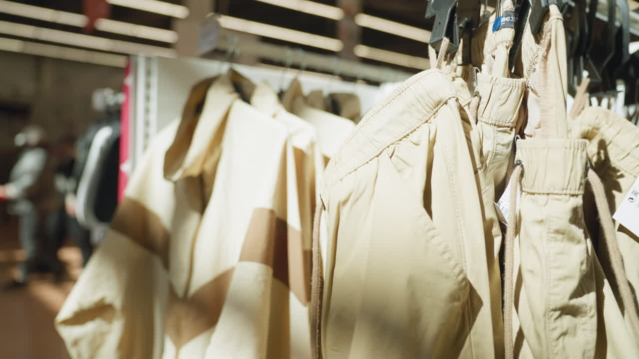 옷 가게에 매달린 옷의 근접 시각, 베이지색 의류가 끔하게 에 배열되어 있습니다.이 비디오는 현대 가게의 소매 환경과 옷 디스플레이를 강조합니다.