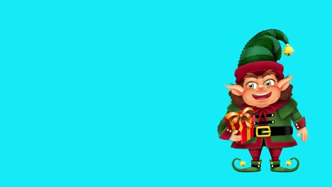 4k animated illustration of happy christmas elf holding present on easy to replace blue screen background