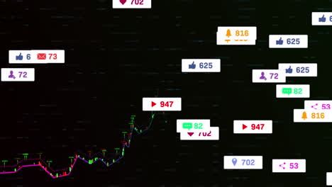 Animación-De-Iconos-De-Redes-Sociales-Flotando-Sobre-El-Procesamiento-De-Datos-Financieros-Sobre-Fondo-Negro