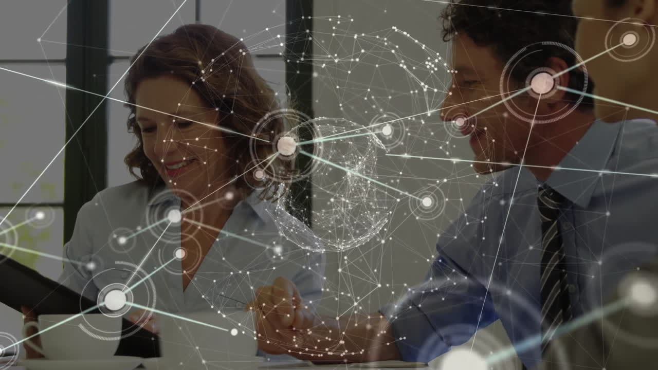 Animation of cummication networks over happy diverse colleagues discussing at office meeting