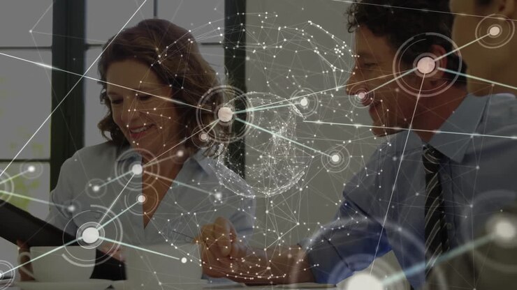 Animation of cummication networks over happy diverse colleagues discussing at office meeting