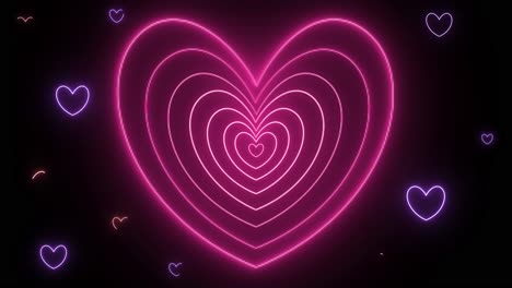 corazones de neón brillando y pulsando en la oscuridad.