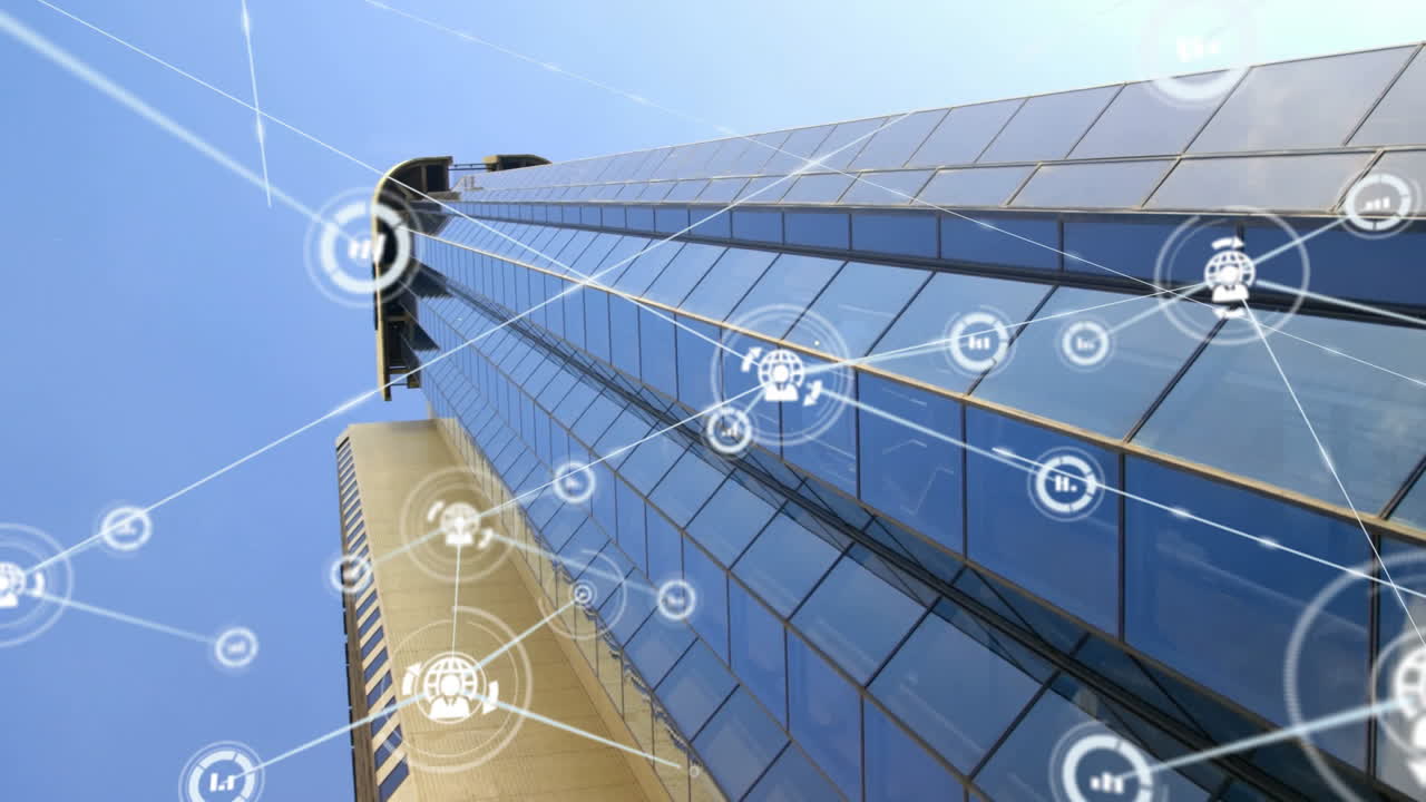 Network of connections and data processing animation over modern skyscraper