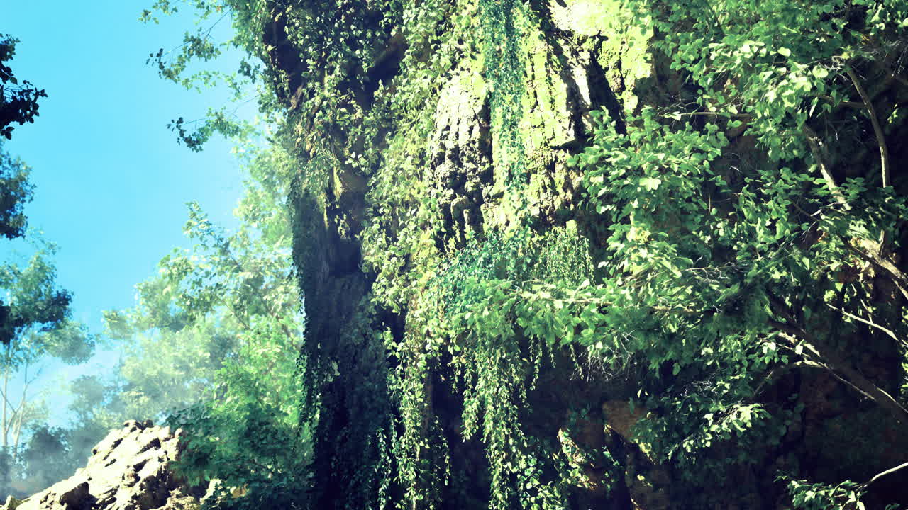 Lush greenery enveloping a rocky formation in a serene natural setting