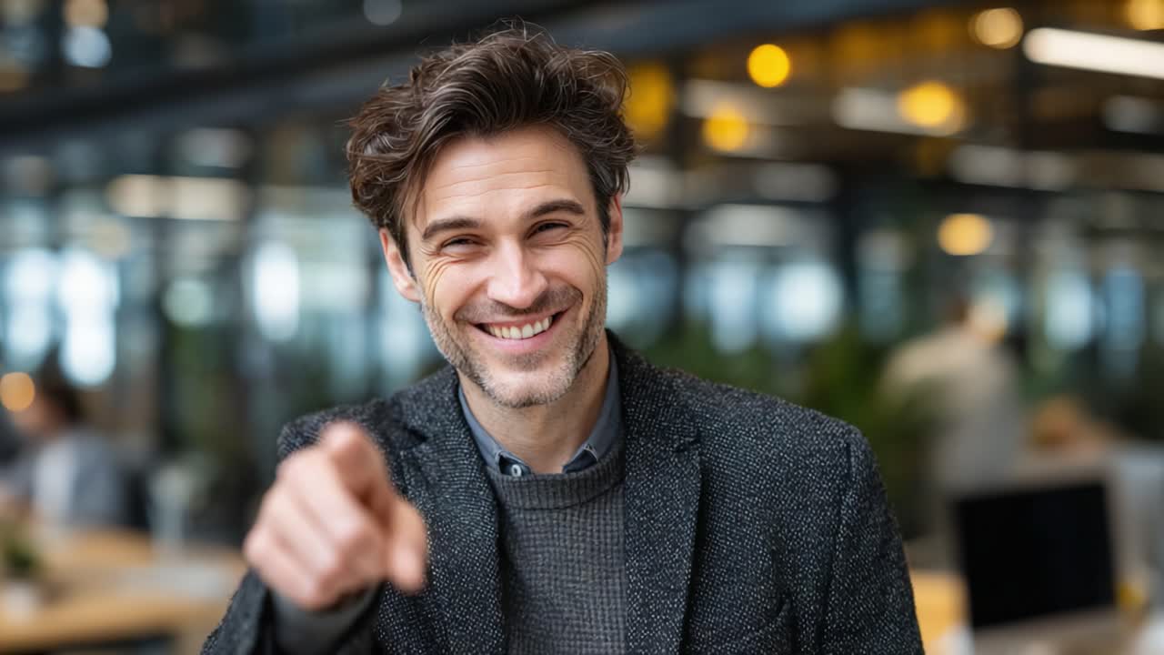 A Confident Man Smiling and Pointing at the Camera, Exuding Warmth and Approachability in a Modern Office Environment with a Lively Atmosphere
