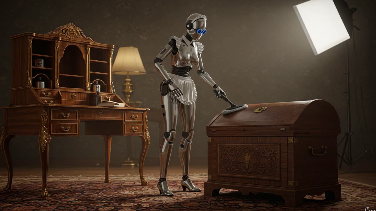 A Futuristic Robot Maid Cleaning an Ornate Wooden Chest in a Stylishly Decorated Room with Elegant Furniture and Ambient Lighting