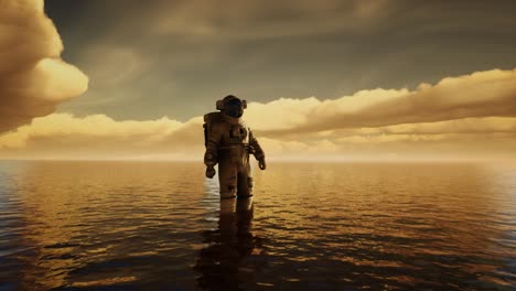 astronauta en el mar bajo las nubes al atardecer