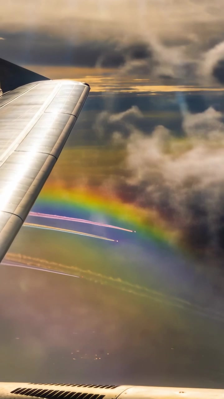 Vertical video: Drifting cloud puffs moving in, fading rainbow under jet wing, window, copy space