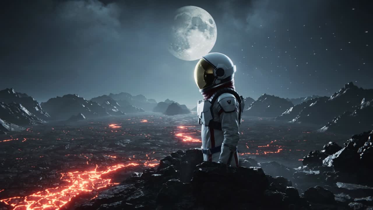 Stående astronaut i rumdragt overskuer lavaslette fra et klippefremspring, kameraet panorerer, plads til tekst.