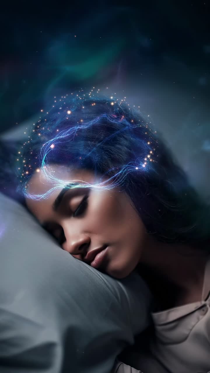Concept video onirico di una donna che dorme, con un'angolazione ravvicinata che mostra percorsi neurali luminosi.