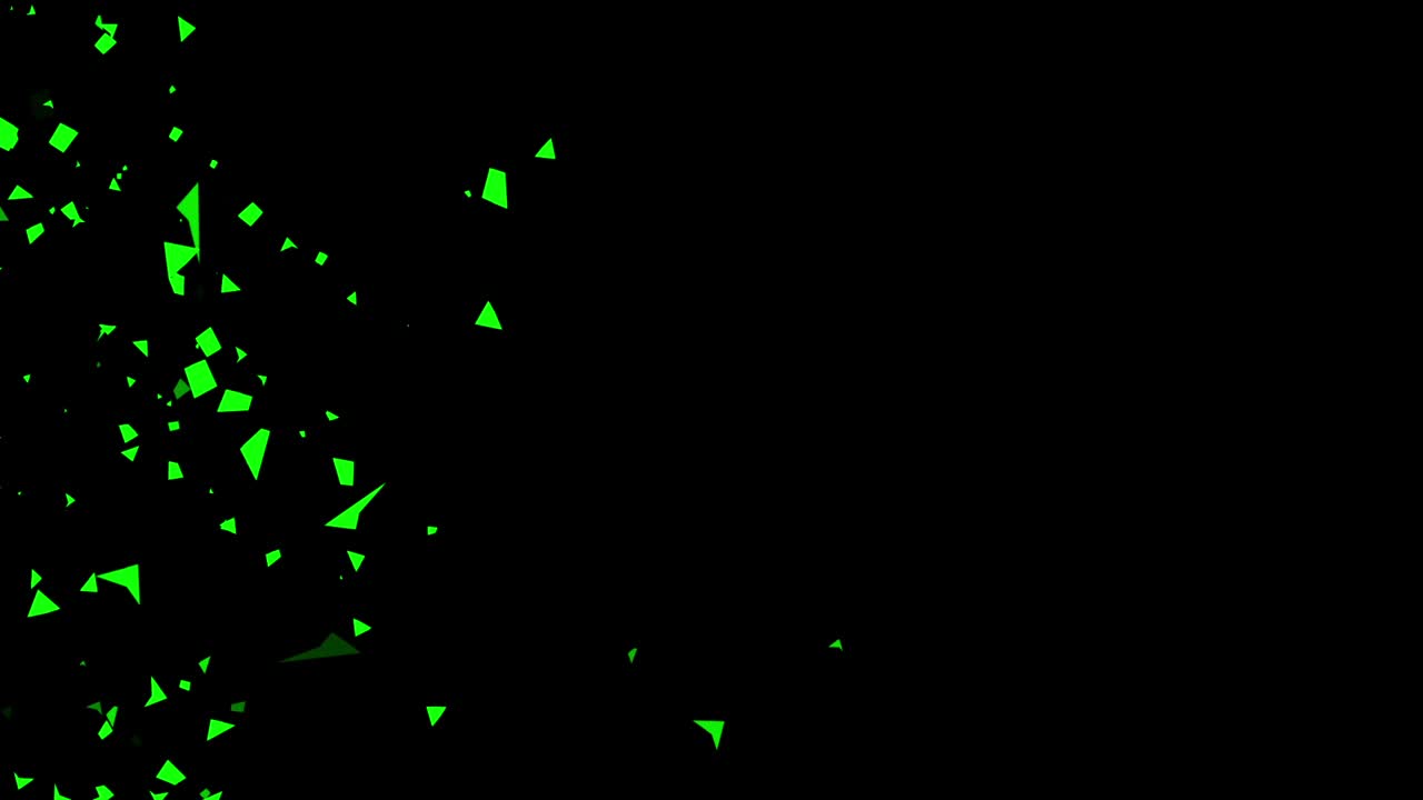 Abstract animation of green geometric shards or confetti exploding from left side on black background. For parties, events, or intros