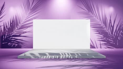 white blank screen product display with palm tree gentle breeze on purple light background e-commerce online shop sell discount