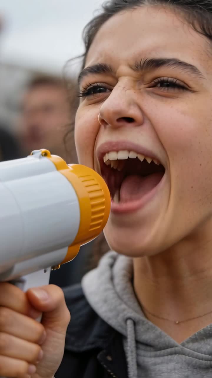 Vertical video: Leading woman in gray hoodie shouting into megaphone at rally as fists rising