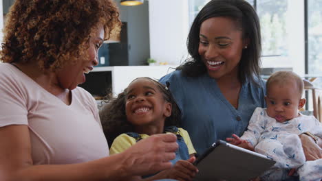 Multi-Generation-Female-African-American-Family-Sitting-On-Sofa-At-Home-Using-Digital-Tablet