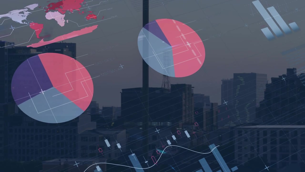 The business statistics are moving towards the left bottom corner against the green screen