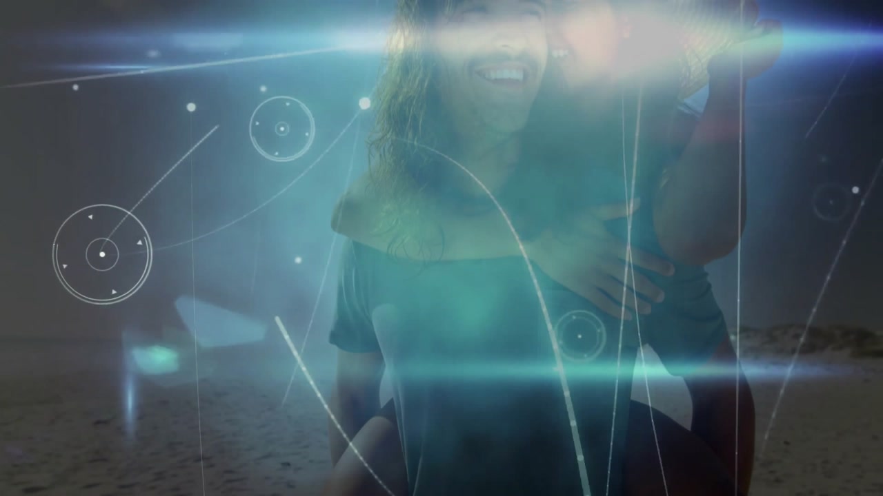 Couple on piggyback reacting to teal-blue flares and drifting orbs, placing straw hat marketing