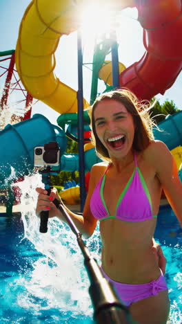 excited couple capturing fun moments at a water park with a gopro