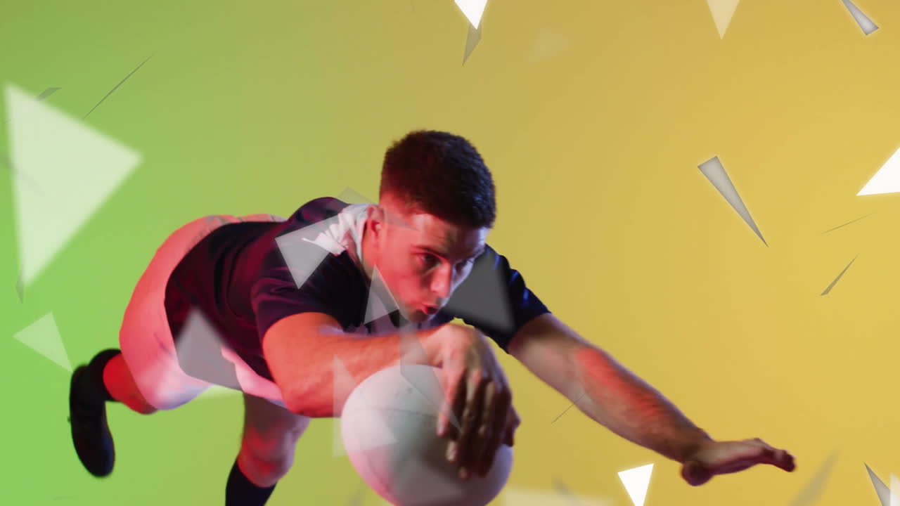 In colorful background, athlete posing dynamically with geometric shapes in animation