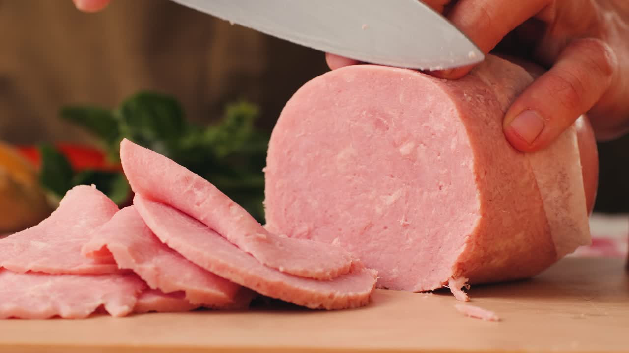 Ham italian mordatella, man Slices Of Traditional Italian antipasti mortadella sausage on a wooden cutting board, close up macro of chicken or turkey jamon, fat breakfast dish.