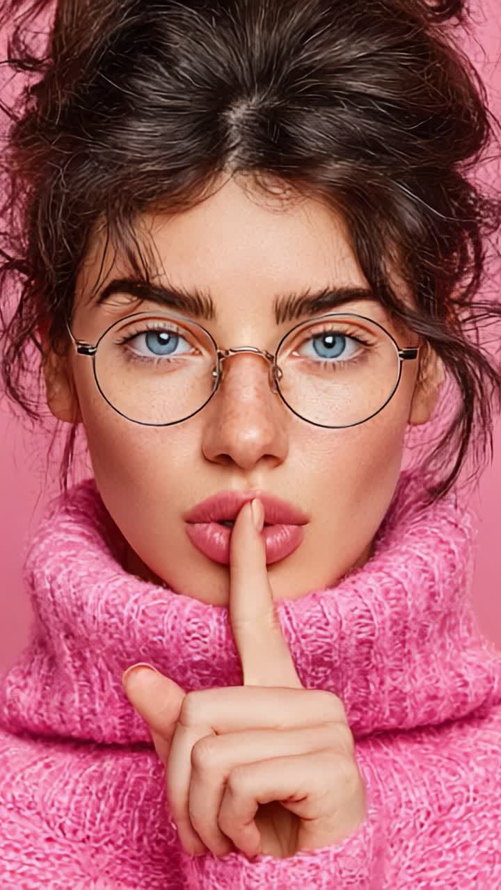 Pembe bir arka plan önünde, dudaklarına götürdüğü parmağıyla izleyiciyi sessizliğe çağıran, rahat pembe bir kazak içindeki bir kadın, merak ve güzelliğin anını yakalıyor