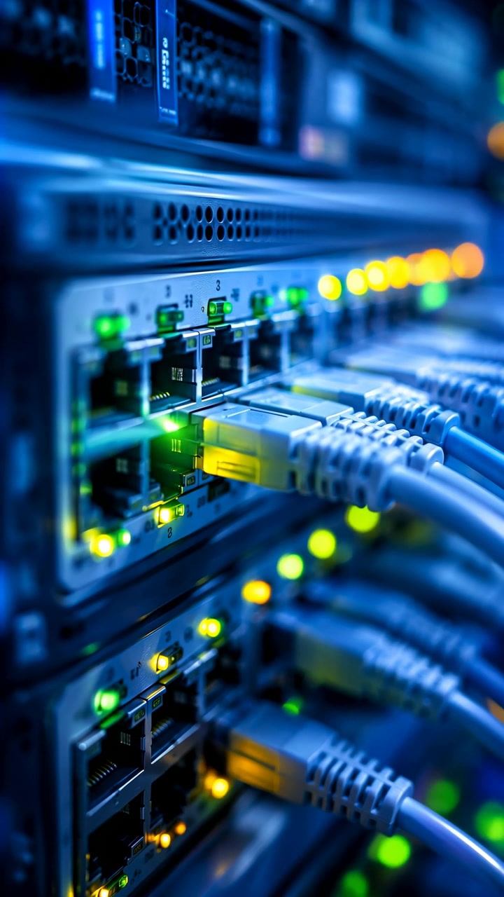 Primo piano con profondità di campo ridotta che mostra cavi Ethernet collegati a switch di rete all'interno di un rack di server, con indicatori di stato luminosi e uno sfondo sfocato.