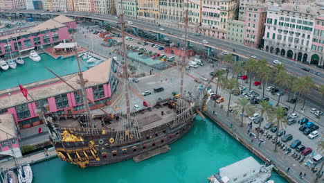 neptune spanish galleon replica ship anchored on genoa waterfront