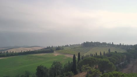 tuscany italy foggy landscape on cypress hill agricultural field morning light aerial footage