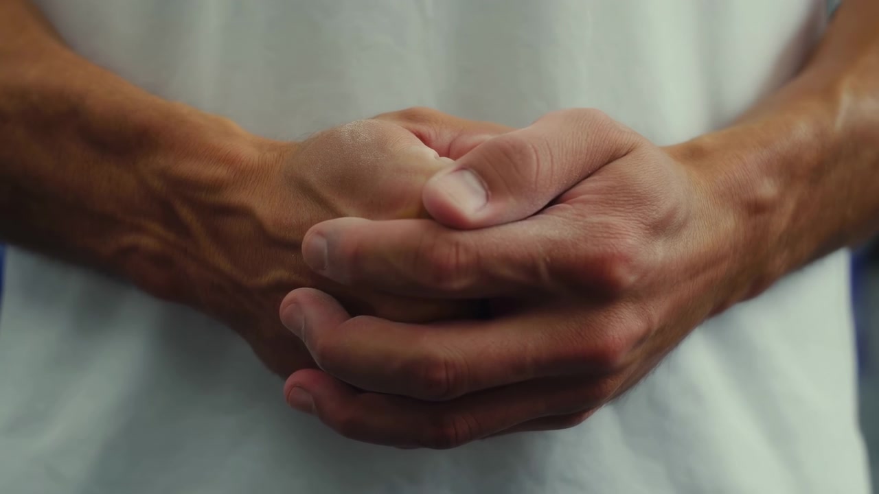 Mãos adultas permanecem unidas na altura da cintura, enquadradas de perto contra o tecido claro da camisa com luz interna suave, fundo desfocado e foco raso, criando um clima pessoal contido para reflexão.