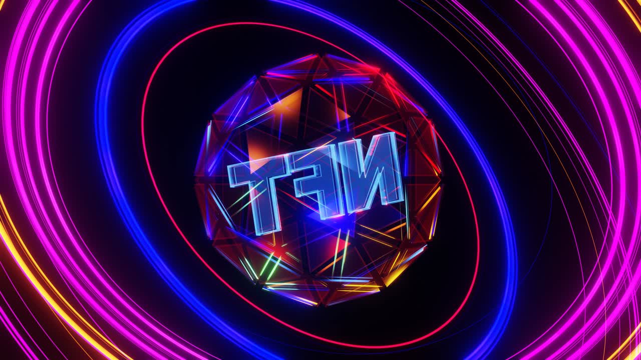 vj animación de bucle de la rotación de la inscripción nft en una bola de neón de cristal.