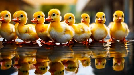 a group of small yellow ducks standing in a row on a puddle of water