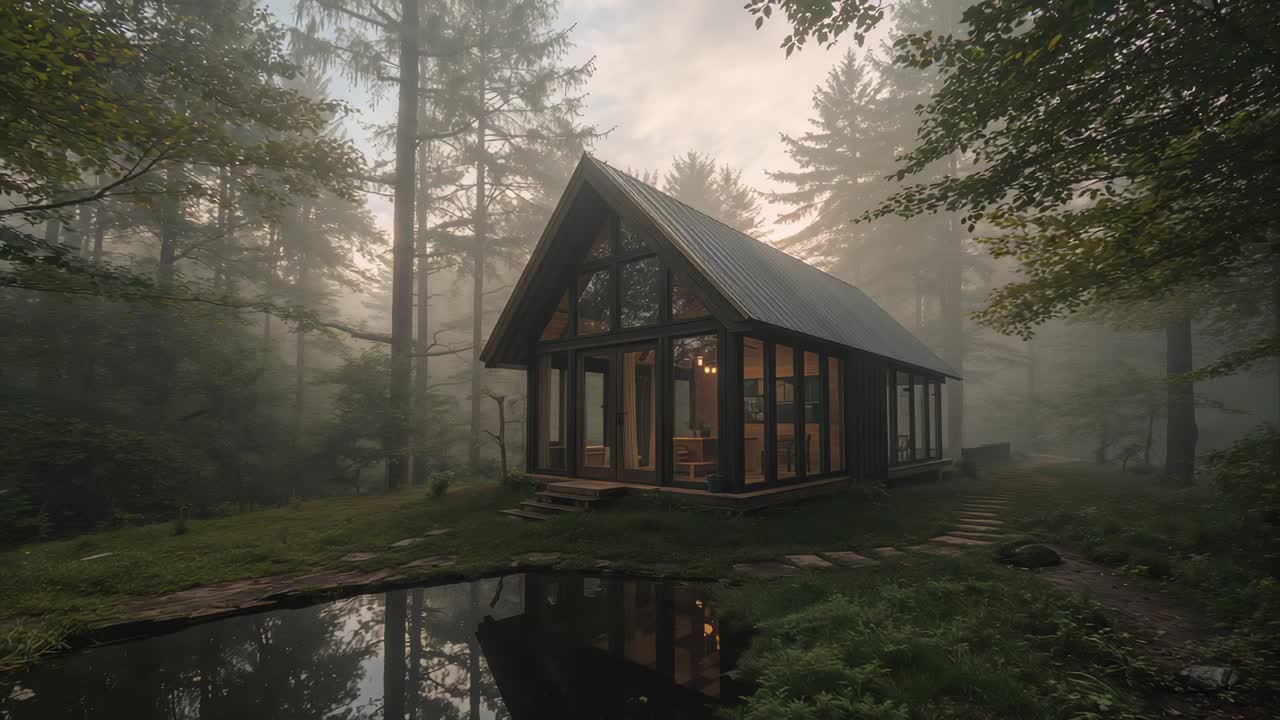 Panning glassfront cabin in forest clearing, camera moving closer showing chandelier, pond mirror