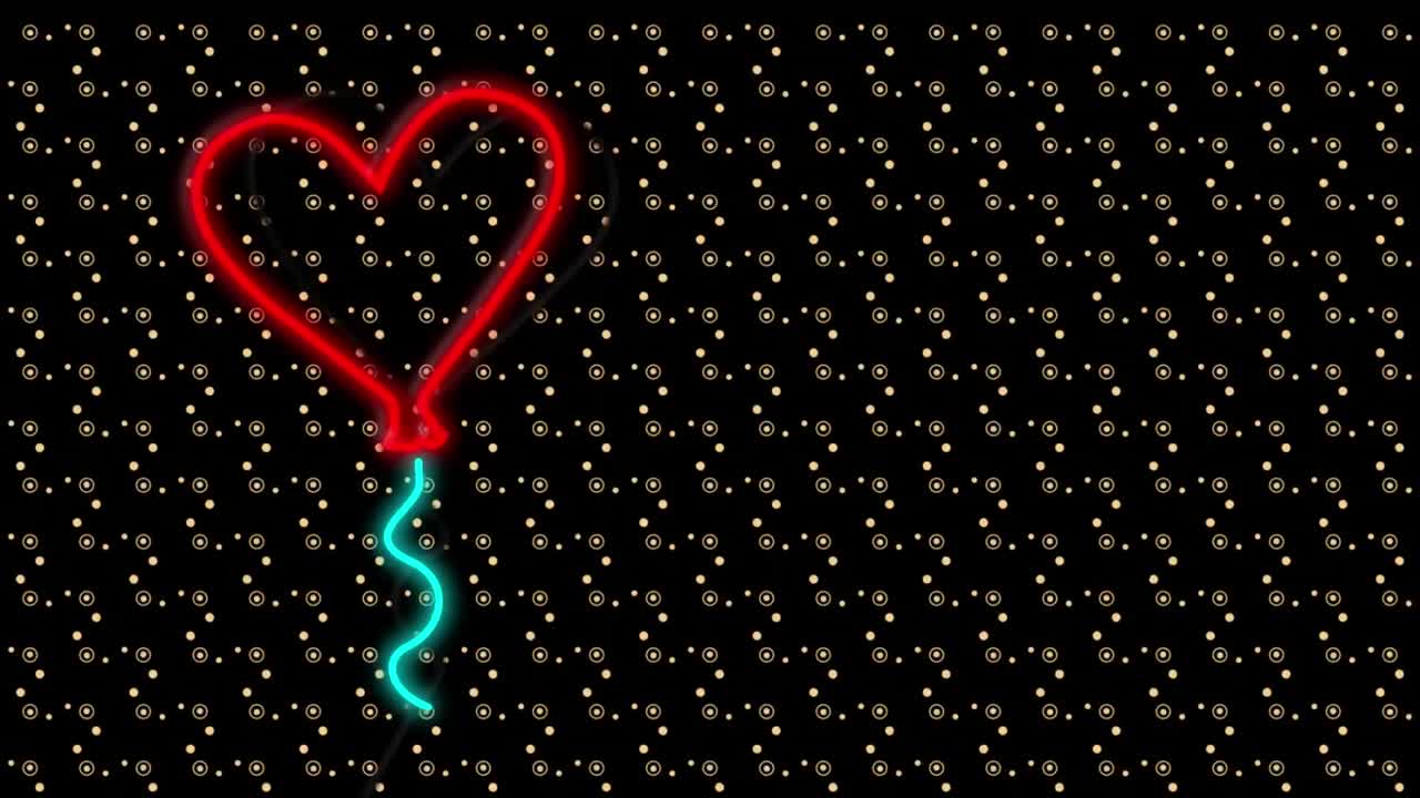 검은 바탕에 네온 심장 풍선과 분자의 애니메이션
