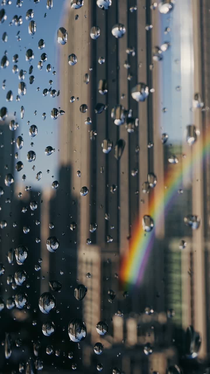 Close-up video shot of raindrops on glass with a blurred cityscape and rainbow in the background
